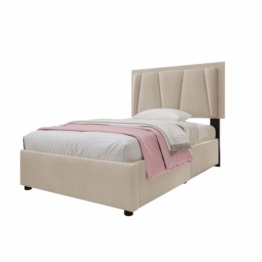 Cama estofada 90x200cm em linho - com 2 gavetas + LED + estrado - Bege