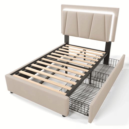 Cama estofada 90x200cm em linho - com 2 gavetas + LED + estrado - Bege