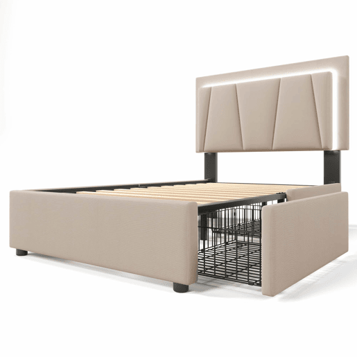 Cama estofada 90x200cm em linho - com 2 gavetas + LED + estrado - Bege