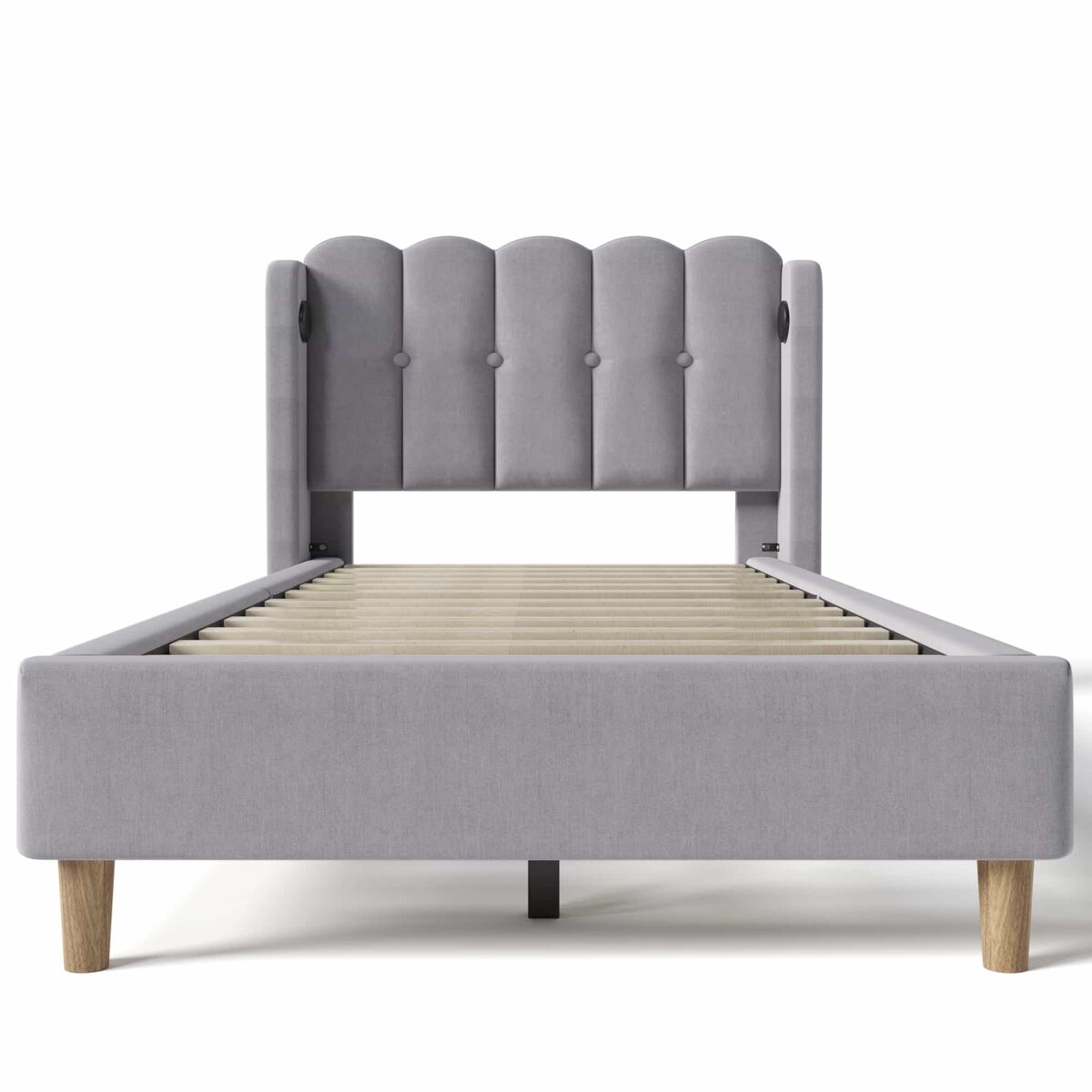Cama individual 90x200 cm - con función de carga usb tipo c, cama tapizada con somier, material lino - gris