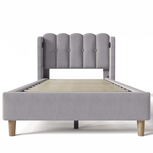 Cama individual 90x200 cm - Com função de carregamento USB Tipo C, cama estofada com estrado, material linho - Cinza