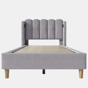 Cama individual 90x200 cm - Com função de carregamento USB Tipo C, cama estofada com estrado, material linho - Cinza
