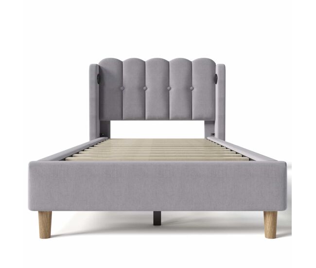 Cama individual 90x200 cm - con función de carga usb tipo c, cama tapizada con somier, material lino - gris
