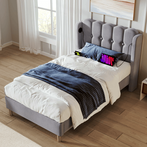Cama individual 90x200 cm - Com função de carregamento USB Tipo C, cama estofada com estrado, material linho - Cinza