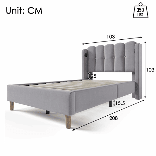 Cama individual 90x200 cm - Com função de carregamento USB Tipo C, cama estofada com estrado, material linho - Cinza