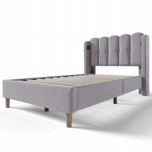 Cama individual 90x200 cm - Com função de carregamento USB Tipo C, cama estofada com estrado, material linho - Cinza