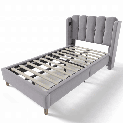Cama individual 90x200 cm - Com função de carregamento USB Tipo C, cama estofada com estrado, material linho - Cinza