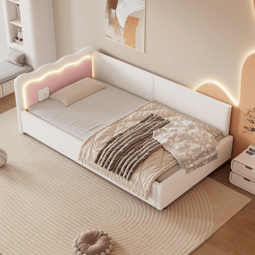 Cama Daybett 90x200 cm - Sofá-cama, luz ambiente LED com controlo remoto, cama com estrado (sem colchão), imitação de felpa - Branco