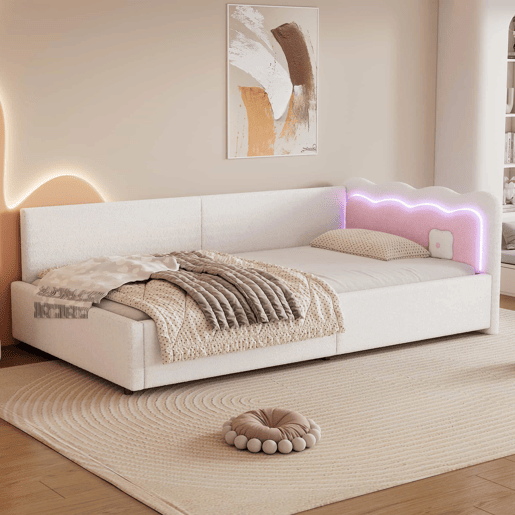 Cama Daybett 90x200 cm - Sofá-cama, luz ambiente LED com controlo remoto, cama com estrado (sem colchão), imitação de felpa - Branco