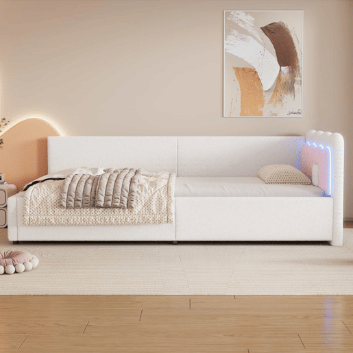 Cama Daybett 90x200 cm - Sofá-cama, luz ambiente LED com controlo remoto, cama com estrado (sem colchão), imitação de felpa - Branco