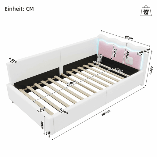 Cama Daybett 90x200 cm - Sofá-cama, luz ambiente LED com controlo remoto, cama com estrado (sem colchão), imitação de felpa - Branco