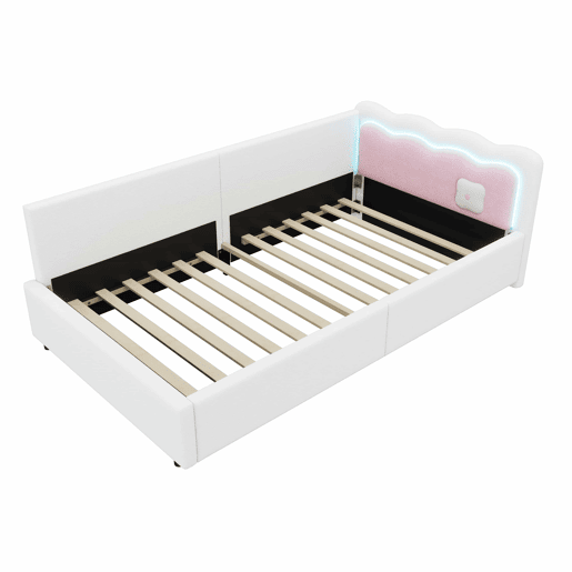 Cama Daybett 90x200 cm - Sofá-cama, luz ambiente LED com controlo remoto, cama com estrado (sem colchão), imitação de felpa - Branco