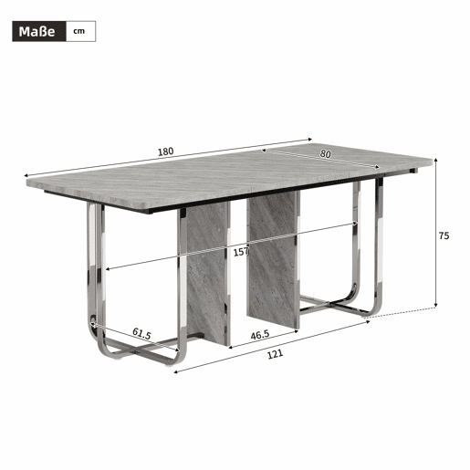 Mesa de jantar 180x80x75 cm - Mesa moderna, estável, com pernas metálicas, para 6 pessoas - Cinza + Prata