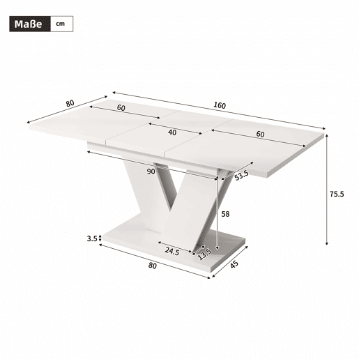 Mesa extensível 120160*80 cm - Mesa retangular com pés em V, estilo simples - Branca Mesa extensível 120160*80 cm - Mesa retangular com pés em V, estilo simples - Branca