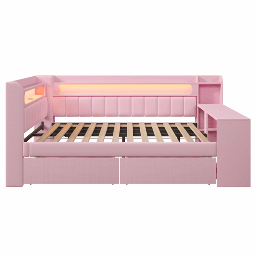 Cama individual 140x200 - estofada com porta USB e LED, com secretária e 2 gavetas - rosa