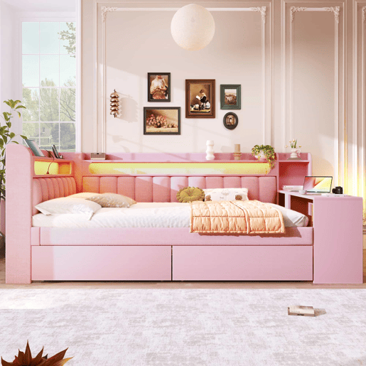 Cama individual 140x200 - estofada com porta USB e LED, com secretária e 2 gavetas - rosa