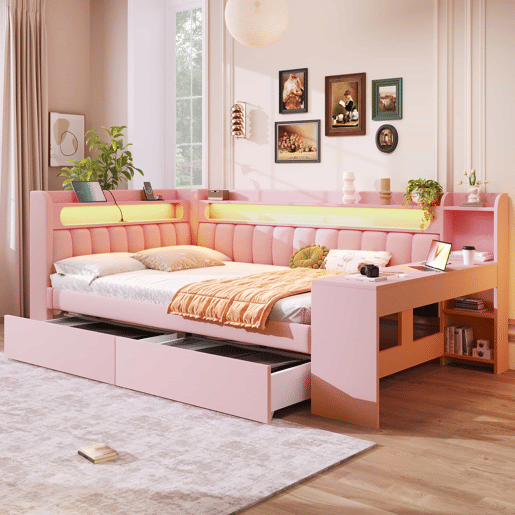 Cama individual 140x200 - estofada com porta USB e LED, com secretária e 2 gavetas - rosa