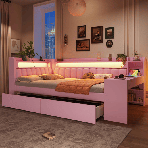 Cama individual 140x200 - estofada com porta USB e LED, com secretária e 2 gavetas - rosa