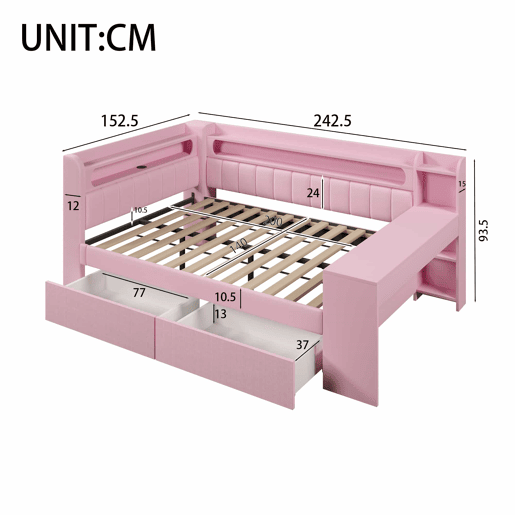 Cama individual 140x200 - estofada com porta USB e LED, com secretária e 2 gavetas - rosa