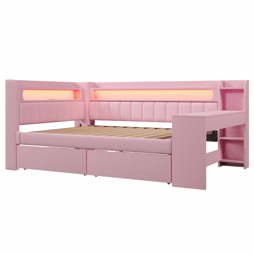Cama individual 140x200 - estofada com porta USB e LED, com secretária e 2 gavetas - rosa
