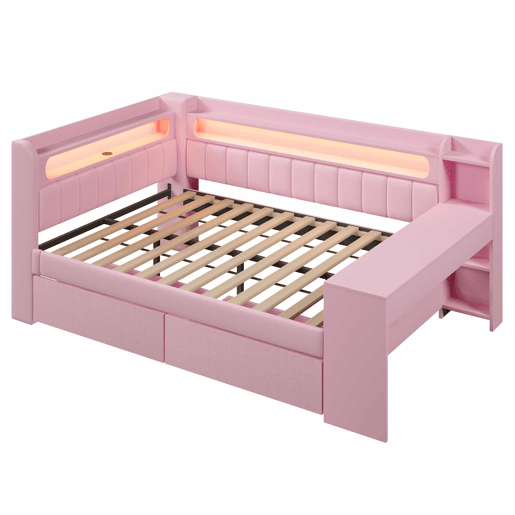 Cama individual 140x200 - estofada com porta USB e LED, com secretária e 2 gavetas - rosa