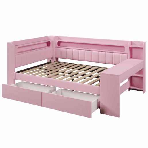 Cama individual 140x200 - estofada com porta USB e LED, com secretária e 2 gavetas - rosa