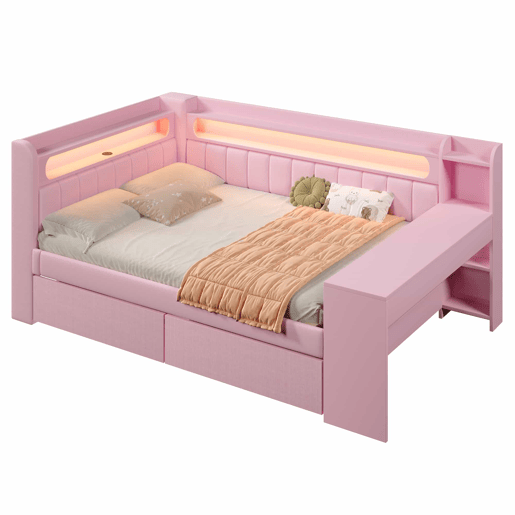 Cama individual 140x200 - estofada com porta USB e LED, com secretária e 2 gavetas - rosa