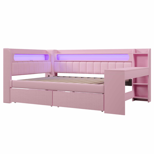 Cama individual 140x200 - estofada com porta USB e LED, com secretária e 2 gavetas - rosa