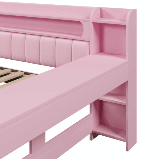 Cama individual 140x200 - estofada com porta USB e LED, com secretária e 2 gavetas - rosa