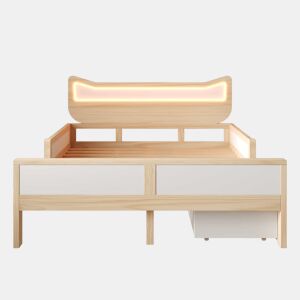 Cama infantil 140x200 cm - cabeceira com orelhas de gato, iluminação LED RGB, base de colchão, gaveta e espaço de arrumação montáveis à esquerdadireita, grades de segurança - branco e carvalho