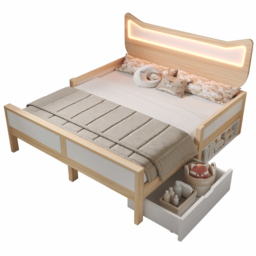 Cama infantil 140x200 cm - cabeceira com orelhas de gato, iluminação LED RGB, base de colchão, gaveta e espaço de arrumação montáveis à esquerdadireita, grades de segurança - branco e carvalho