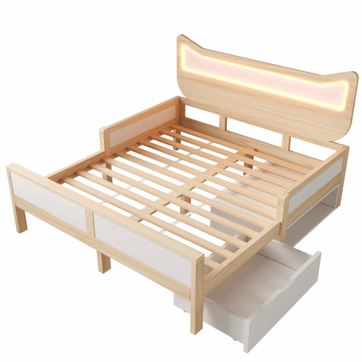 Cama infantil 140x200 cm - cabeceira com orelhas de gato, iluminação LED RGB, base de colchão, gaveta e espaço de arrumação montáveis à esquerdadireita, grades de segurança - branco e carvalho