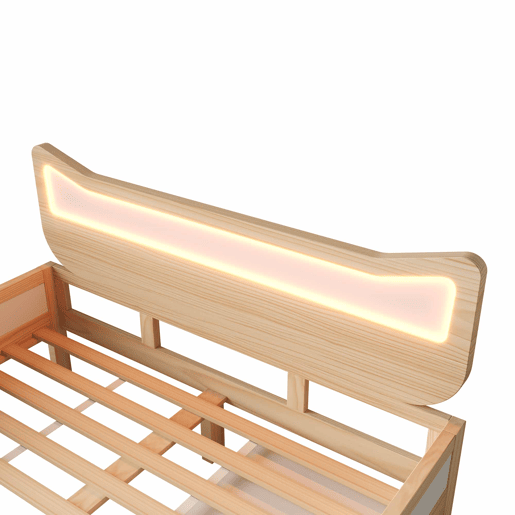 Cama infantil 140x200 cm - cabeceira com orelhas de gato, iluminação LED RGB, base de colchão, gaveta e espaço de arrumação montáveis à esquerdadireita, grades de segurança - branco e carvalho