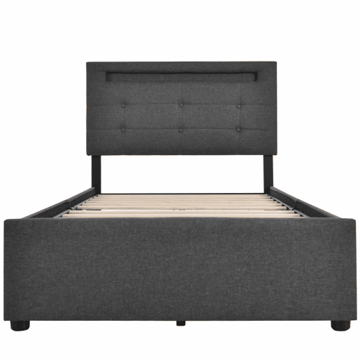 Cama contentora para roupa de cama com LED 90x200 cm + 2 gavetas + estrado - Cinzento