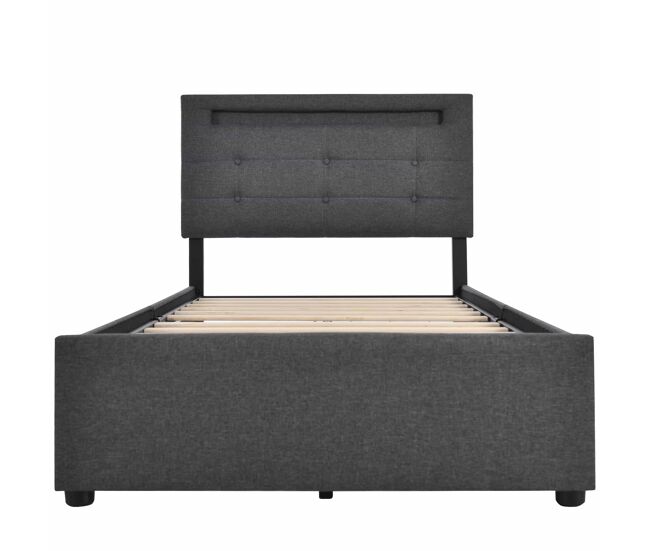 Cama contenedor de lino con led 90x200 cm + 2 cajones + somier - gris