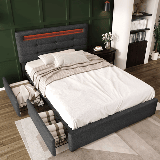 Cama contentora para roupa de cama com LED 90x200 cm + 2 gavetas + estrado - Cinzento