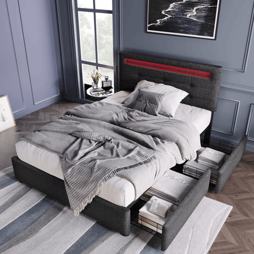 Cama contentora para roupa de cama com LED 90x200 cm + 2 gavetas + estrado - Cinzento