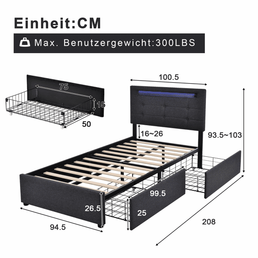 Cama contentora para roupa de cama com LED 90x200 cm + 2 gavetas + estrado - Cinzento