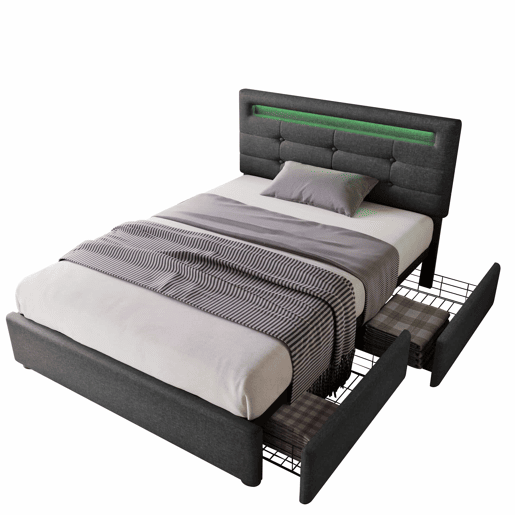 Cama contentora para roupa de cama com LED 90x200 cm + 2 gavetas + estrado - Cinzento