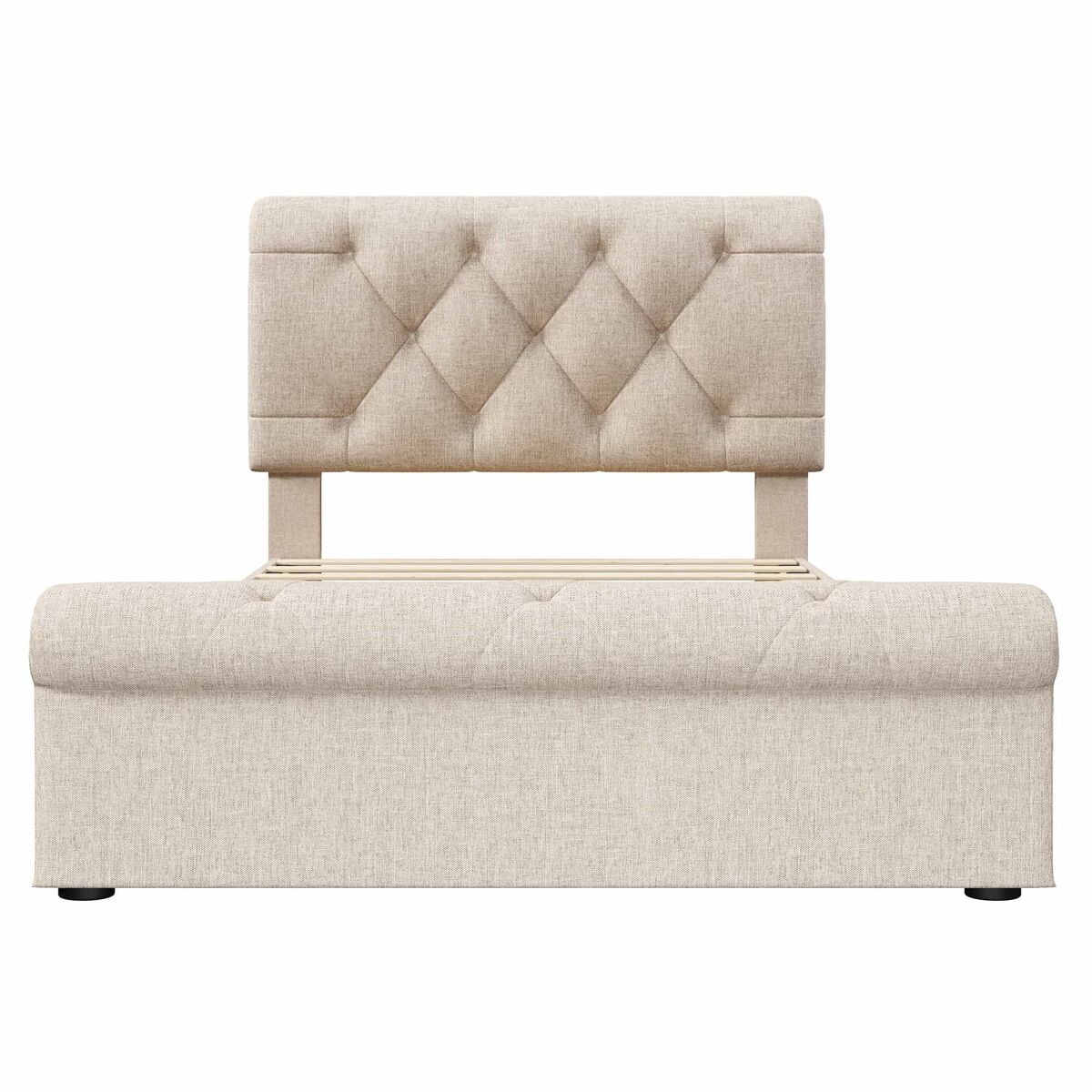 Cama individual 90x200 cm - con 2 cajones y cabecero ajustable - chesterfield - natural
