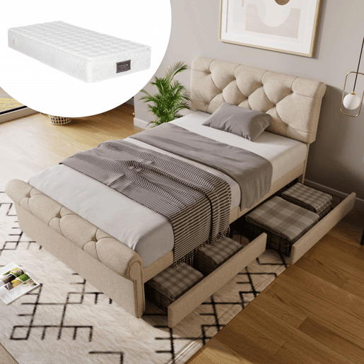 Cama individual 90x200 cm - Com 2 gavetas e cabeceira ajustável - Chesterfield - Natural