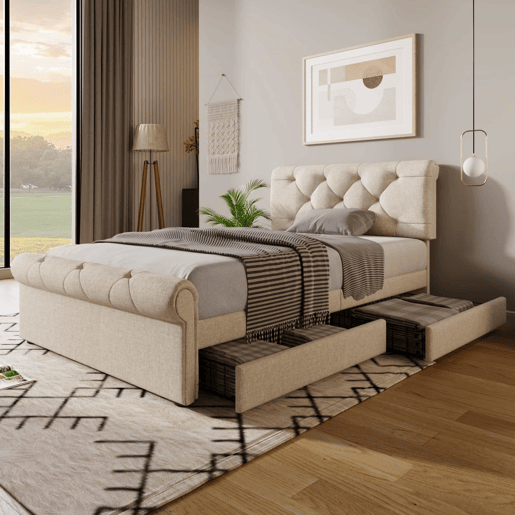 Cama individual 90x200 cm - Com 2 gavetas e cabeceira ajustável - Chesterfield - Natural