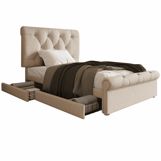 Cama individual 90x200 cm - Com 2 gavetas e cabeceira ajustável - Chesterfield - Natural