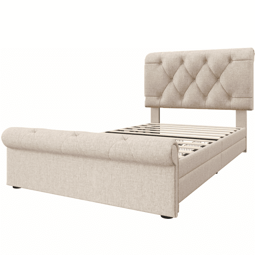 Cama individual 90x200 cm - Com 2 gavetas e cabeceira ajustável - Chesterfield - Natural