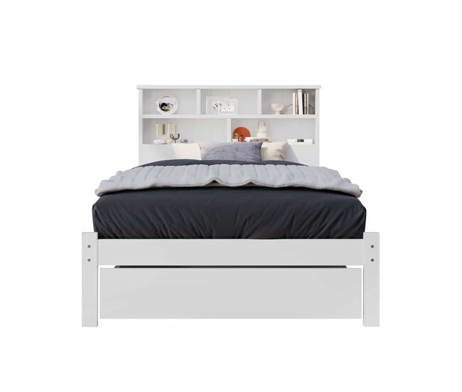 Cama individual 90x200 cm - cama de madera maciza con cajones y somier, estantería, para jóvenes y adultos - blanco