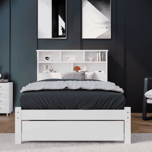 Cama individual 90x200 cm - Cama de madeira maciça com gavetas e estrado, estante, para jovens e adultos - Branco