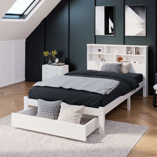 Cama individual 90x200 cm - Cama de madeira maciça com gavetas e estrado, estante, para jovens e adultos - Branco
