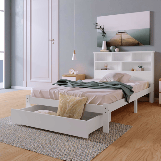 Cama individual 90x200 cm - Cama de madeira maciça com gavetas e estrado, estante, para jovens e adultos - Branco