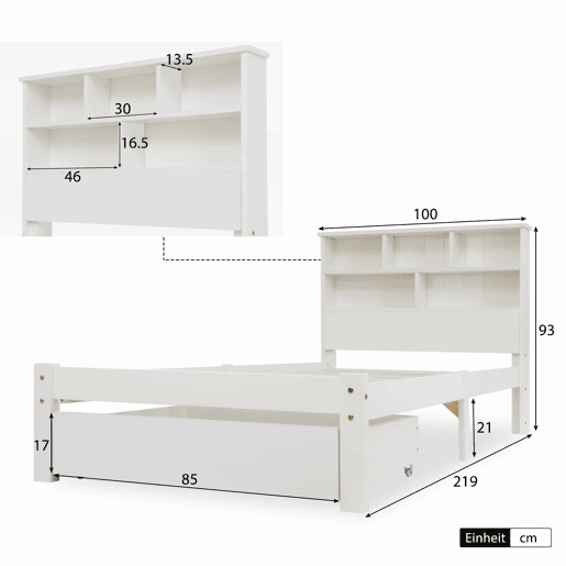 Cama individual 90x200 cm - Cama de madeira maciça com gavetas e estrado, estante, para jovens e adultos - Branco