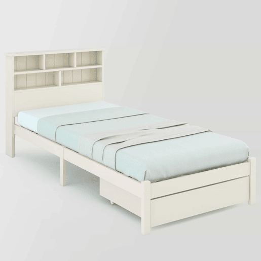 Cama individual 90x200 cm - Cama de madeira maciça com gavetas e estrado, estante, para jovens e adultos - Branco